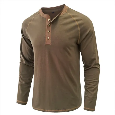 Men's Heavyweight Cotton Henley Shirt Long Sleeve T-Shirt Amekaji Style Raglan Sleeve Contrast Stitching Casual Top For Men