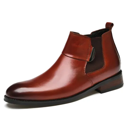 Genuine Cowhide Men's Hidden Height Increasing Chelsea Boots British Business Pointed Toe Leather Ankle Boots For Men