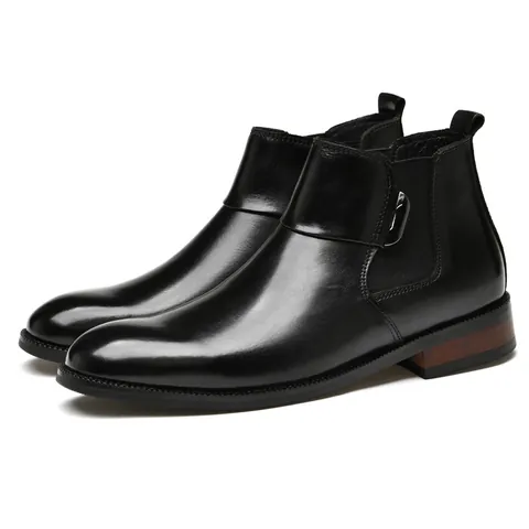 Genuine Cowhide Men's Hidden Height Increasing Chelsea Boots British Business Pointed Toe Leather Ankle Boots For Men