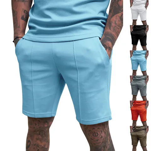 Men Casual Athletic Shorts Solid Color Pintuck Seam Pocket Cotton Blend Summer Gym Fitness Daily Wear Bottom
