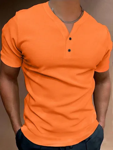 Herren Mode Polyester Henley Shirt Lässig Knopf V-Ausschnitt Kurzarm Waffeltextur Sommer Top Für Männer Täglich Freizeit Kleidung