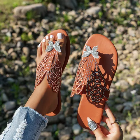 Chanclas Planas con Mariposa de Diamantes de Imitación para Mujer Sandalias de Moda Talla Grande de Microfibra Zapatillas de Playa Zapatos Casuales