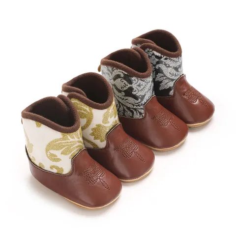 Bottines Cowboy Occidentales d'Hiver pour Bébés Filles Broderie Florale Rétro Semelle Souple Antidérapante Doublure en Peluche Chaussures Bébé