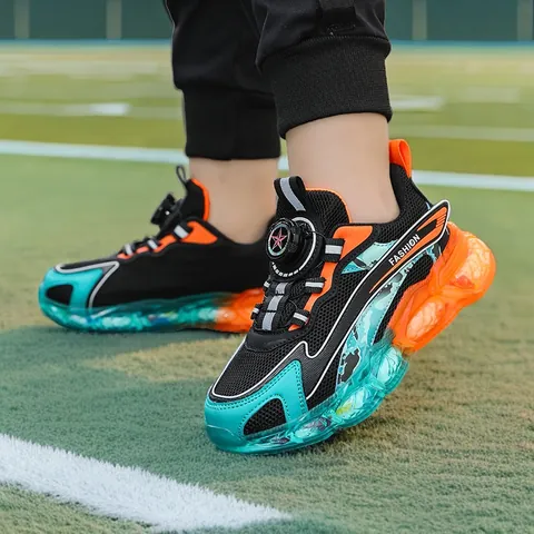 Kids Boys Mesh Breathable Running Shoes With Rotating Button Closure Soft Sole Non-slip Sneakers For Spring Autumn School Sports