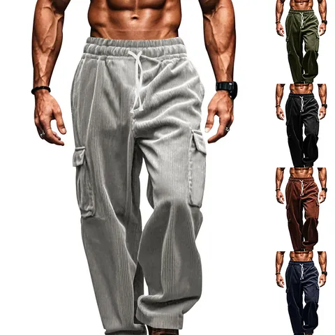 Men American Vintage Corduroy Cargo Pants Multi Pocket Loose Straight Leg Casual Trousers Polyester Elastic Drawstring Waist Workwear