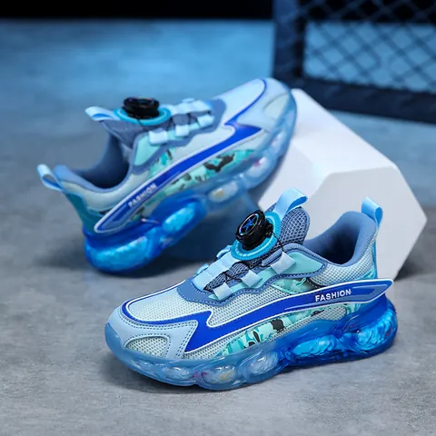 Kids Boys Mesh Breathable Running Shoes With Rotating Button Closure Soft Sole Non-slip Sneakers For Spring Autumn School Sports