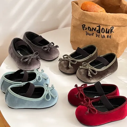 Toddler Girls Princess Mary Jane Shoes Velvet Texture Microfiber Leather Bow Soft Sole Walking Shoes For Kids Party Wedding Autumn