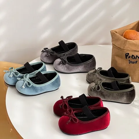 Toddler Girls Princess Mary Jane Shoes Velvet Texture Microfiber Leather Bow Soft Sole Walking Shoes For Kids Party Wedding Autumn