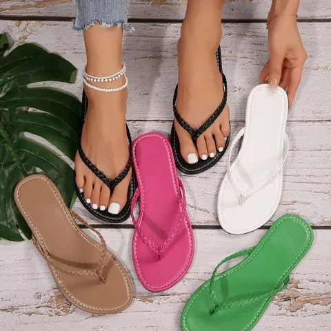 Infradito da Donna con Cinturini Intrecciati in Pelle PU Suola in Gomma Antiscivolo Sandali Bassi da Spiaggia Estivi Ciabatte alla Moda
