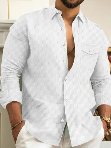 Heren Overhemd met Lange Mouwen Jacquard Geruit Patroon Casual Revers Top Met Borstzak Polyester Stof Najaar