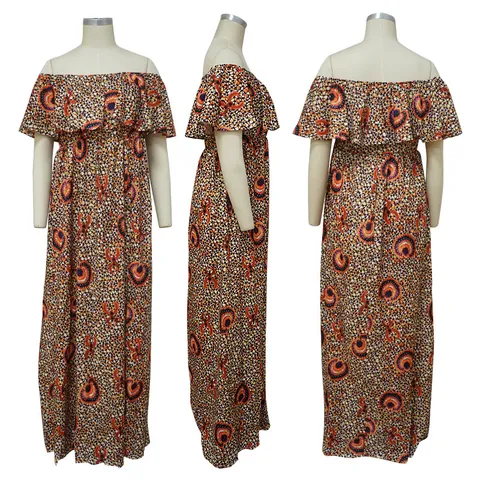Vestido Largo con Hombros Descubiertos para Mujer Estampado Digital Estilo Hepburn Línea A Volantes Floral Playa