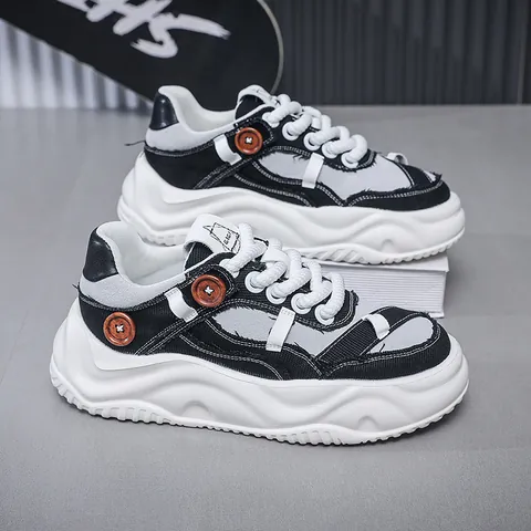 Men's Thick Sole Skate Shoes Trendy Color Block Platform Casual Sneakers Breathable Fabric Low Top Board Shoes For Men