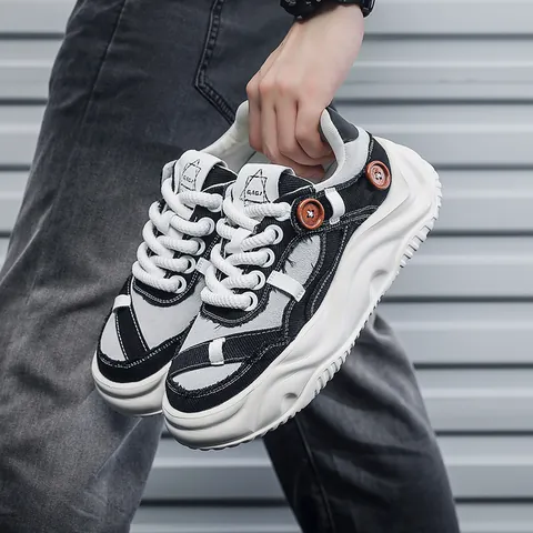 Men's Thick Sole Skate Shoes Trendy Color Block Platform Casual Sneakers Breathable Fabric Low Top Board Shoes For Men