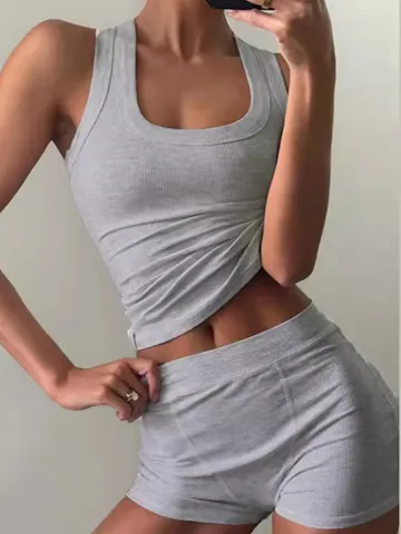 Damen Casual Rippstrick Top Und Bottom Set Einfarbig Racerback Tank Top Hohe Taille Slim Fit Shorts Lounge Wear Outfit
