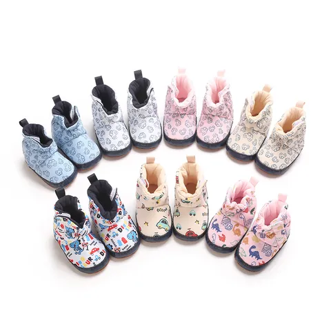 Cartoon Infant Baby Prewalker Snow Boots Winter Warm Cotton Soft Sole Shoes For 0-1 Year Old Toddler Dinosaur Car Pattern