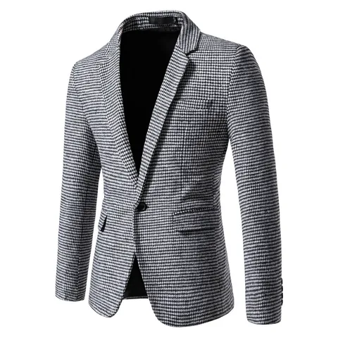 Men Slim Fit Casual Houndstooth Blazer Jacket Woolen notched Lapel Plaid Sport Coat For Business Party Banquet Suit Coat