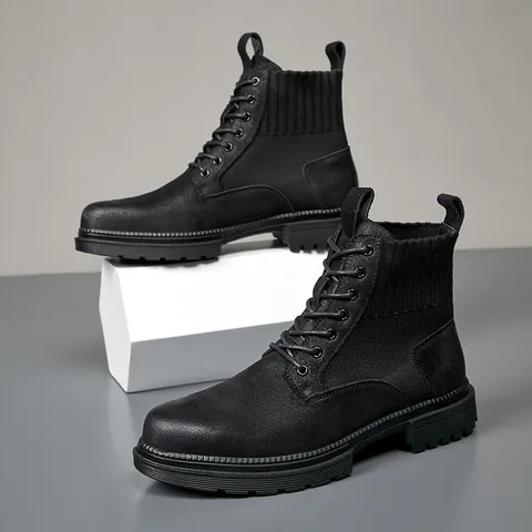 Men British Style Martin Boots Fashion Thick Sole High Top Work Boots Cow Split Suede Leather Lace Up Outdoor Hiking Boots
