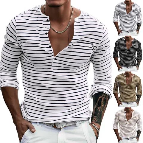 Men Long Sleeve Striped Henley Shirt Slim Fit Casual T-Shirt Ribbed Pique Fabric Button Up Base Layer Autumn Fashion Top