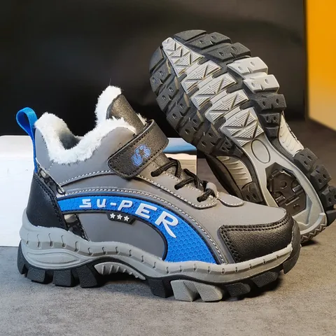 Kids Winter Hiking Shoes Boys Girls Warm Padded Outdoor Sneakers Pigskin Leather Anti-Slip Rubber Sole Fleece Lined Boots