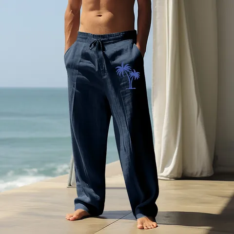 Men Casual Cotton Linen Pants Palm Tree Print Loose Fit Drawstring Waist Breathable Straight Leg Trousers For Vacation