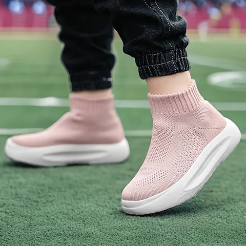 Kids High Top Sock Shoes Breathable Fly-Knit Mesh Slip-On Sneakers Boys Girls Lightweight Non-Slip MD Sole Sports Shoes