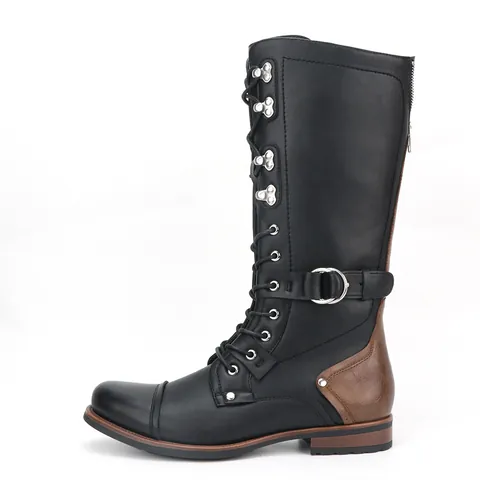 Men's Vintage Knight Boots PU Leather Motorcycle Boots Retro High Top Lace Up Side Zipper Western Style Buckle Fashion Shoes