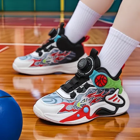Kids Basketball Shoes Professional Athletic Training Sneakers Breathable Mesh High Top Shoes With Rotary Buckle For Boys