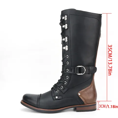 Men's Vintage Knight Boots PU Leather Motorcycle Boots Retro High Top Lace Up Side Zipper Western Style Buckle Fashion Shoes