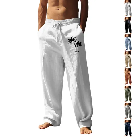 Men Casual Cotton Linen Pants Palm Tree Print Loose Fit Drawstring Waist Breathable Straight Leg Trousers For Vacation