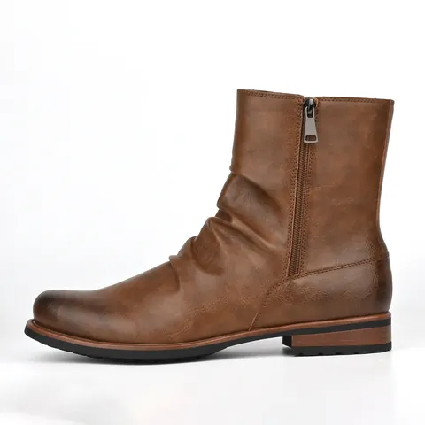 Men Casual Pleated Short Ankle Boots Double Side Zipper Slouchy Round Toe PU Leather Retro Style Versatile Outdoor Boots