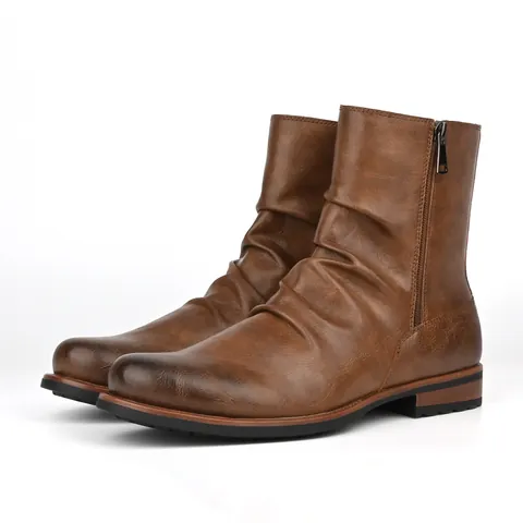 Men Casual Pleated Short Ankle Boots Double Side Zipper Slouchy Round Toe PU Leather Retro Style Versatile Outdoor Boots