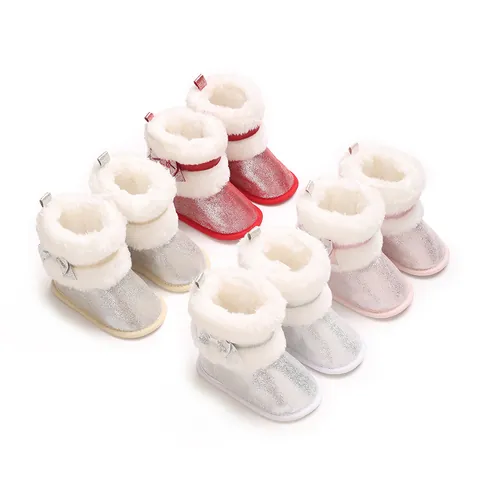 Baby Mädchen Winter Hohe Schneestiefel Weiche Sohle Lauflernschuhe Kleinkindschuhe Mit Kunstfell Schleife Pailletten PU Leder Schuhe