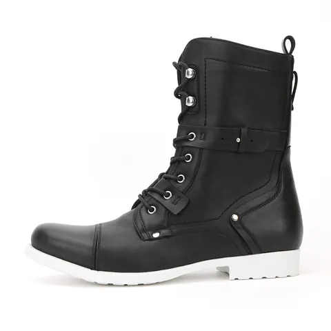 Men Retro PU Leather Knight Boots Motorcycle Biker Mid-Calf Boots Side Zipper Lace-Up Buckle Strap Fashion Riding Boots For Men