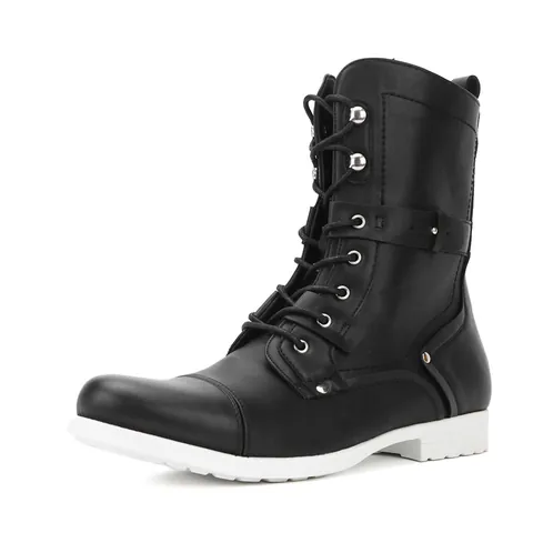 Men Retro PU Leather Knight Boots Motorcycle Biker Mid-Calf Boots Side Zipper Lace-Up Buckle Strap Fashion Riding Boots For Men