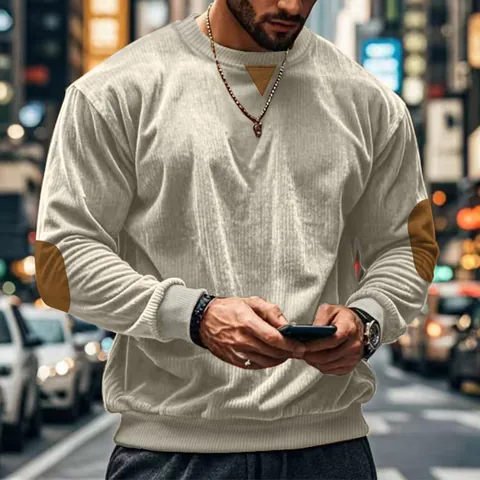 Herren Casual Cord Jacquard T-Shirt Langarm Rundhals Lockeres Top Mit Ellbogen-Patches Smart Urban Fashion Kleidung