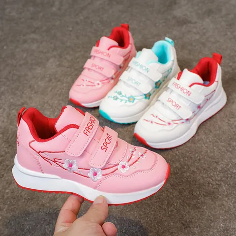 Girls Ethnic Floral Embroidery Running Shoes Casual Non-Slip Thick Sole Sport Sneakers With Hook-And-Loop Synthetic Leather