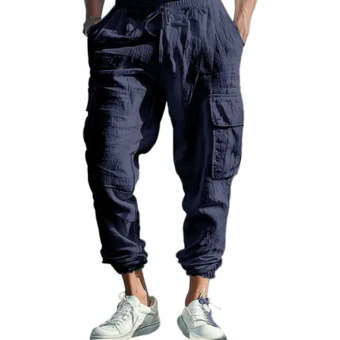 Men's Casual Cotton Cargo Pants Lightweight Multiple Pockets Drawstring Jogger Trousers Solid Color Relaxed Fit Outdoor Pants