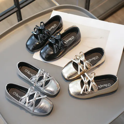 Mädchen Quadratische Zehe Kleine Lederschuhe Doppel Schleife Weiche Sohle PU Flache Partyschuhe Metallic Gold Silber Schwarz