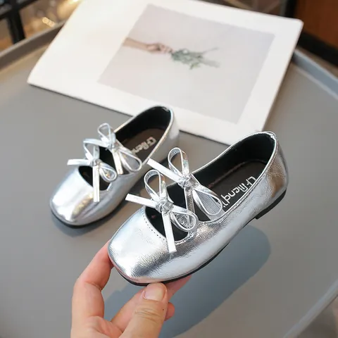 Mädchen Quadratische Zehe Kleine Lederschuhe Doppel Schleife Weiche Sohle PU Flache Partyschuhe Metallic Gold Silber Schwarz