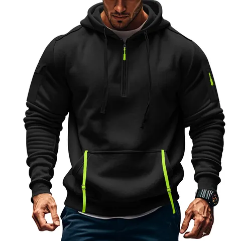 Men Pullover Hoodie Fleece Lined 1/4 Zip Sweatshirt With Arm Pockets Tactical Cargo Top Solid Color Casual Warm Winter Apparel For Men