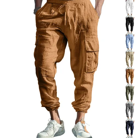 Men's Casual Cotton Cargo Pants Lightweight Multiple Pockets Drawstring Jogger Trousers Solid Color Relaxed Fit Outdoor Pants