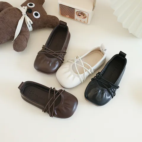 Meisjes Koreaanse Stijl Ballet Leren Schoenen Kinderen Slip-on Prinses Flats Zachte Zool Kruisband Casual Herfst Schoenen