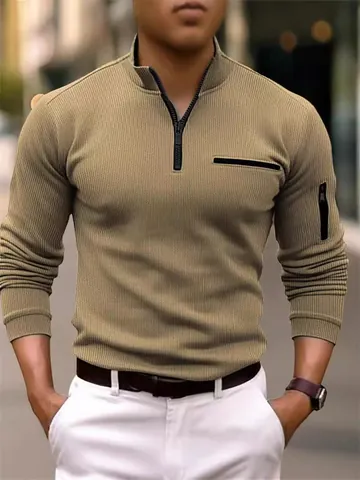 Men Long Sleeve Polo Shirt Striped Stand Collar Half Zipper Ribbed Texture Casual Loose Pullover Top Urban Fashion Apparel