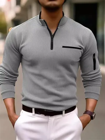 Men Long Sleeve Polo Shirt Striped Stand Collar Half Zipper Ribbed Texture Casual Loose Pullover Top Urban Fashion Apparel