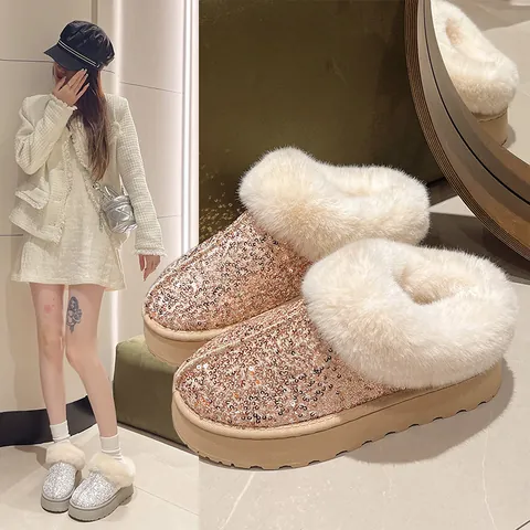 Women Sequin Snow Boots Faux Fur Collar Platform Winter Warm Suede Cotton Boots Sparkly Glitter Ankle Boots Outdoor Casual Shoes