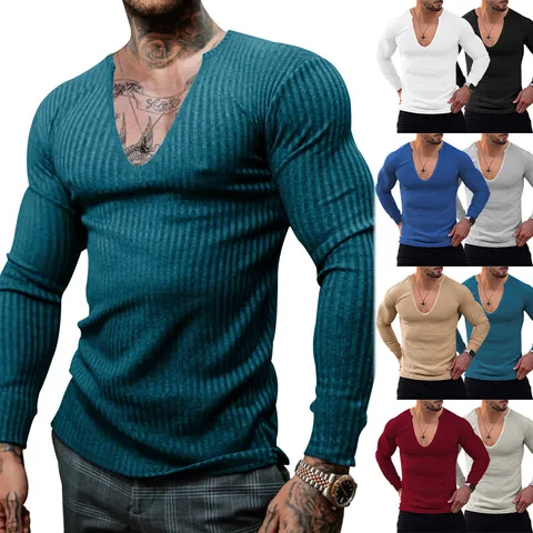 Men Slim Fit Knit T-Shirt Deep V-Neck Ribbed Long Sleeve Top Cotton Blend Solid Color Fashion Pullover Fall Casual Clothing