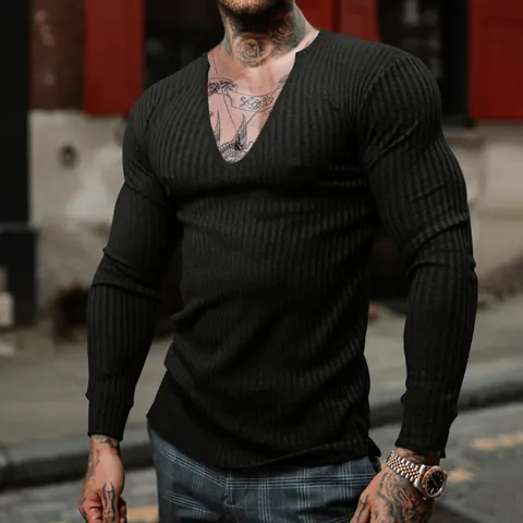 Men Slim Fit Knit T-Shirt Deep V-Neck Ribbed Long Sleeve Top Cotton Blend Solid Color Fashion Pullover Fall Casual Clothing