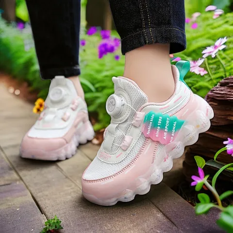 Fashion Girls Sports Shoes Breathable Mesh Kids Sneakers Rotary Button Wave Thick Sole Running Shoes For Children