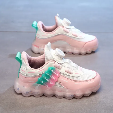 Fashion Girls Sports Shoes Breathable Mesh Kids Sneakers Rotary Button Wave Thick Sole Running Shoes For Children