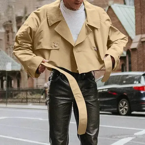 Men's Fashion Short Trench Jacket Polyester Workwear Windbreaker With Belt Lapel Loose Fit Autumn Casual Outerwear Top